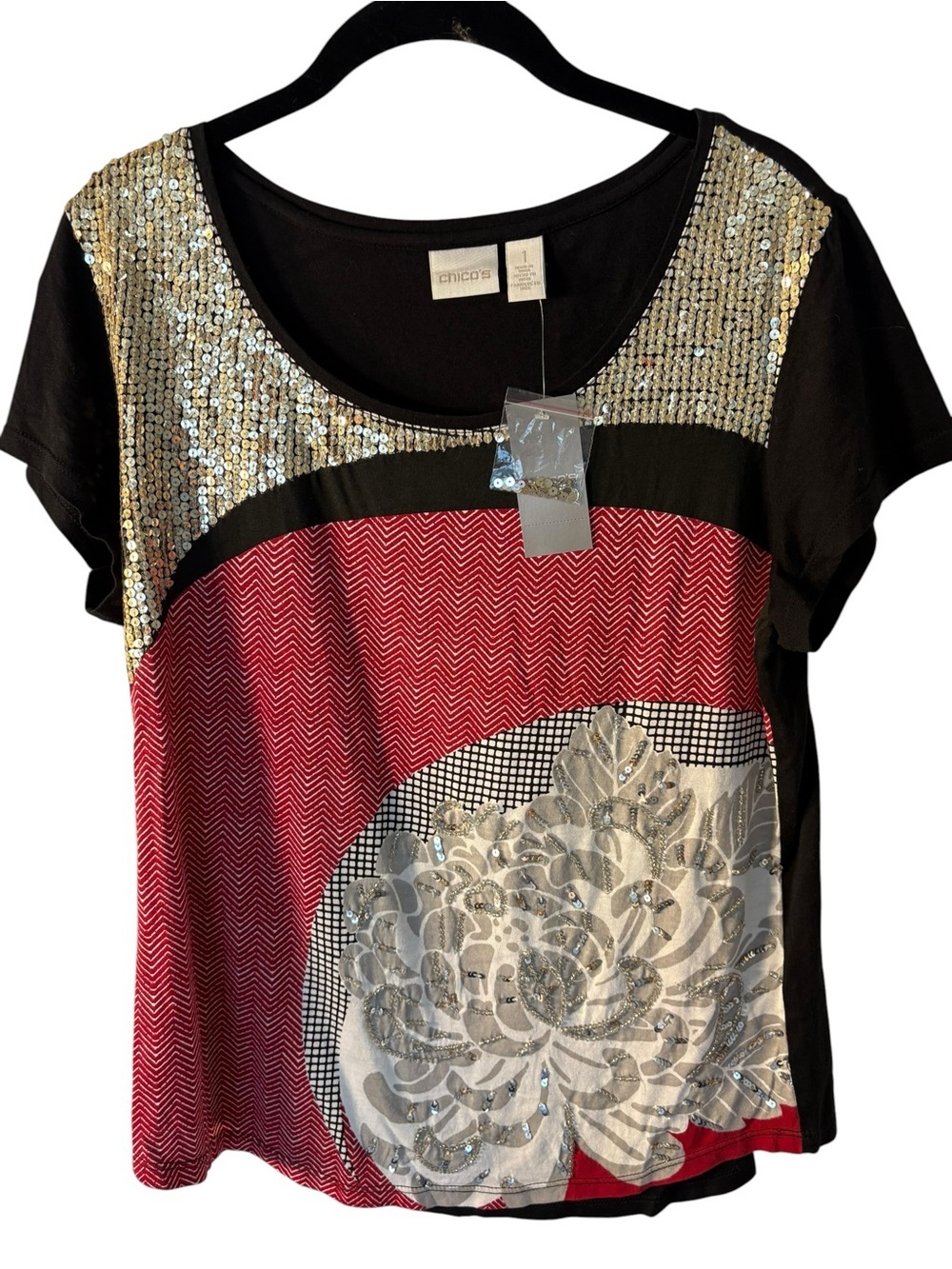 Chico's Short Sleeve Mixed-Print Top - Red, Black & Gold - Picture 2 of 6